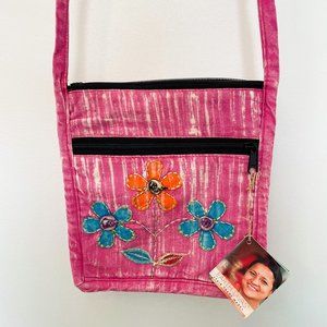 New Earth Divas Fair Trade Boho Crossbody Bag Purse Appliqued Flowers Zip Top